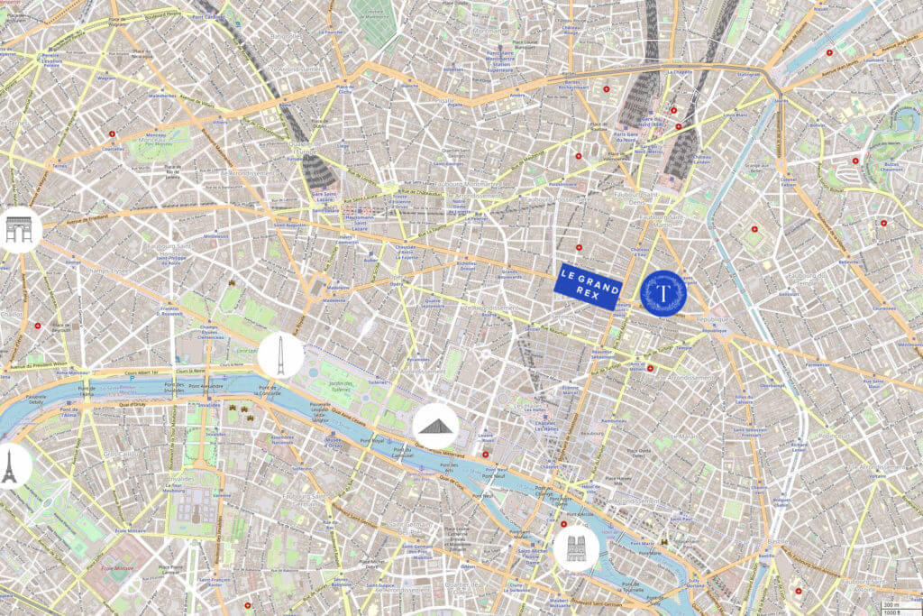 Map of Paris - Proximity of the Taylor Hotel and the Grand Rex Cinema 